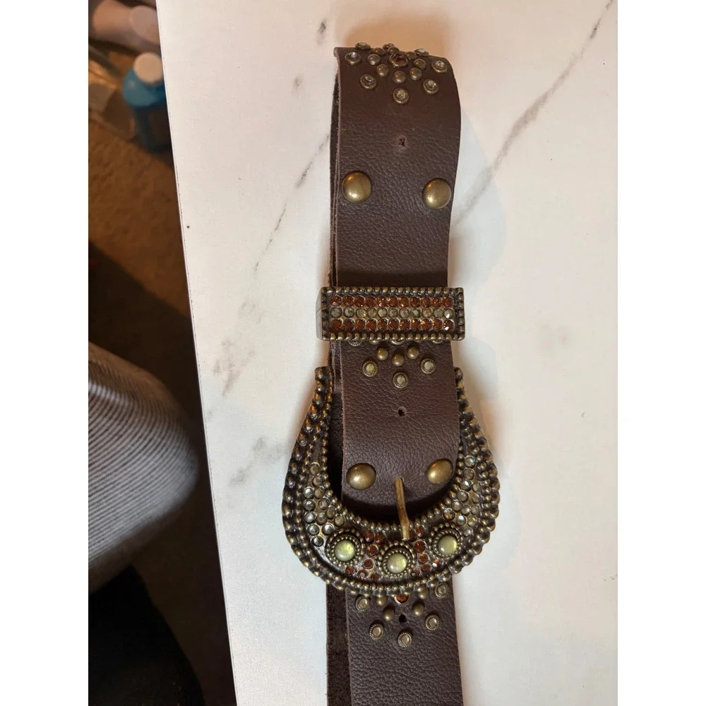 Vintage LEATHERROCK USA Brown Leather Western Rhinestone Belt Boho 41
